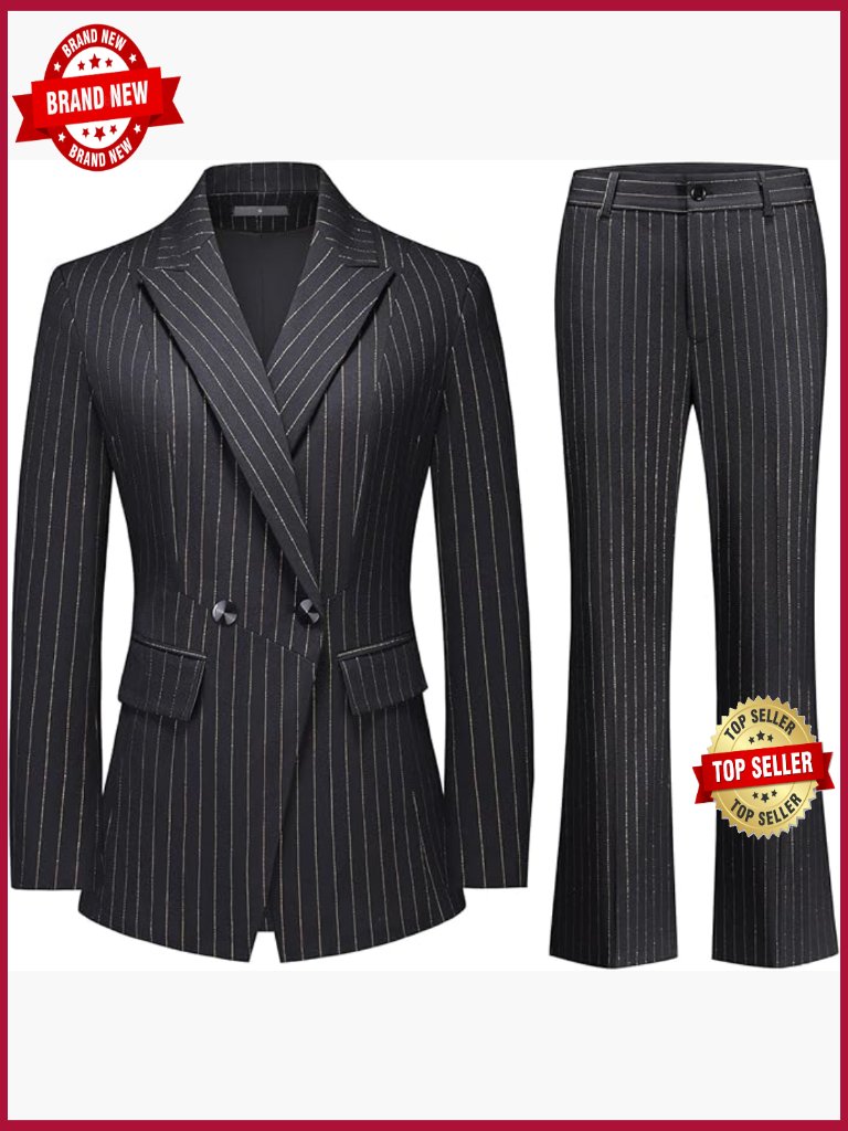 Pinstripe Suit 2 Piece Gold Lines Blazer Flared Pants Set Work